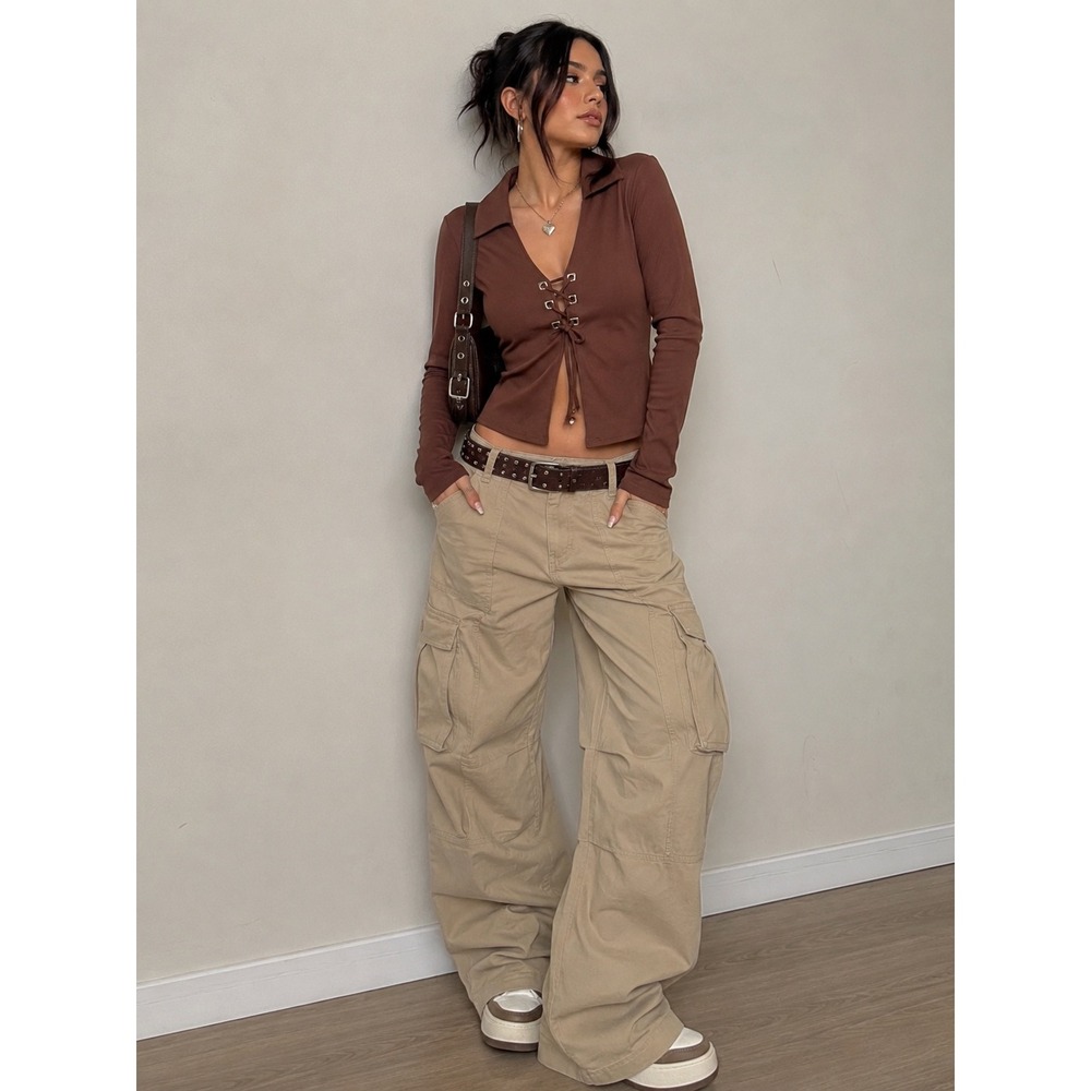 Vintage ACCENT USA Top Medium Womens Brown Lace Up Collared  Y2K Stretch Shirt